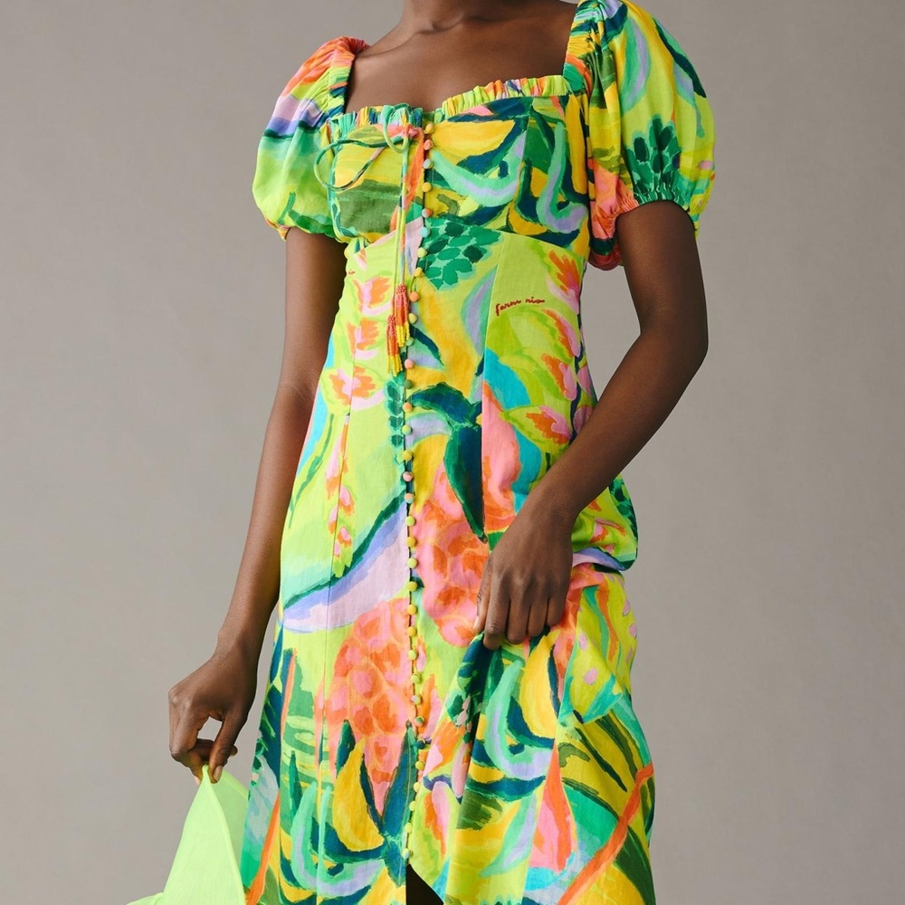 FARM Rio Neon Green Multicolor Floral Maxi Dress